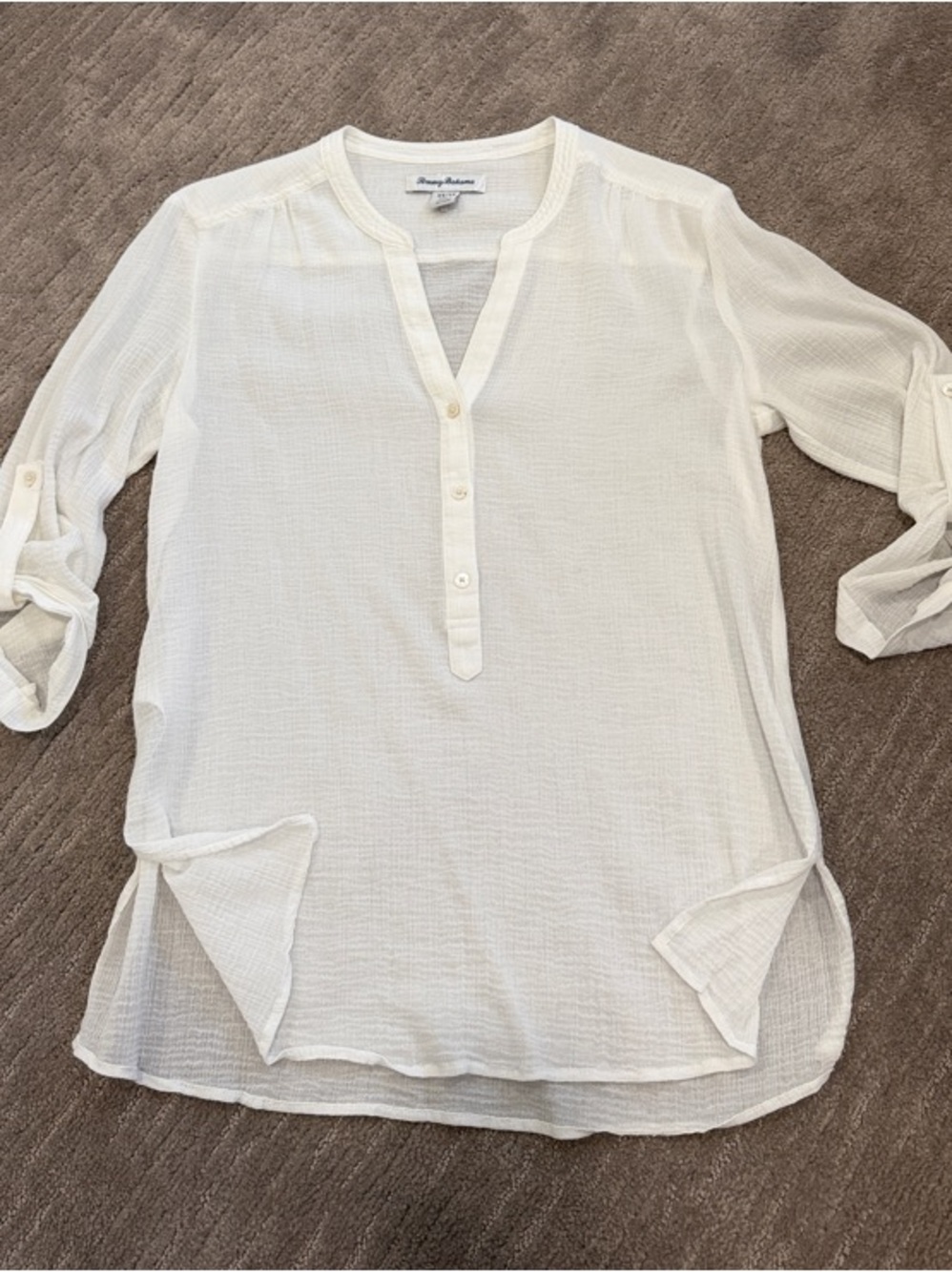 Tommy Bahama White Cotton Split V-Neck Tunic Blouse